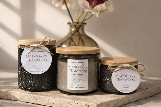 Mahogany Teakwood – 10 oz, 8oz & 4 oz Soy Candle (Textured Vessel)